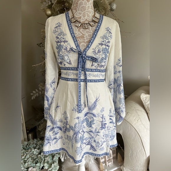 Caroline Constas Dresses & Skirts - Caroline Constas Ivory and Blue Floral Mini Dress